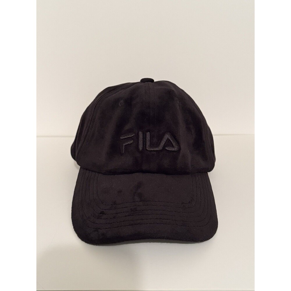 FILA Men’s Double Black Velour adjustable Cap Write Out Logo Baseball Hat EE2